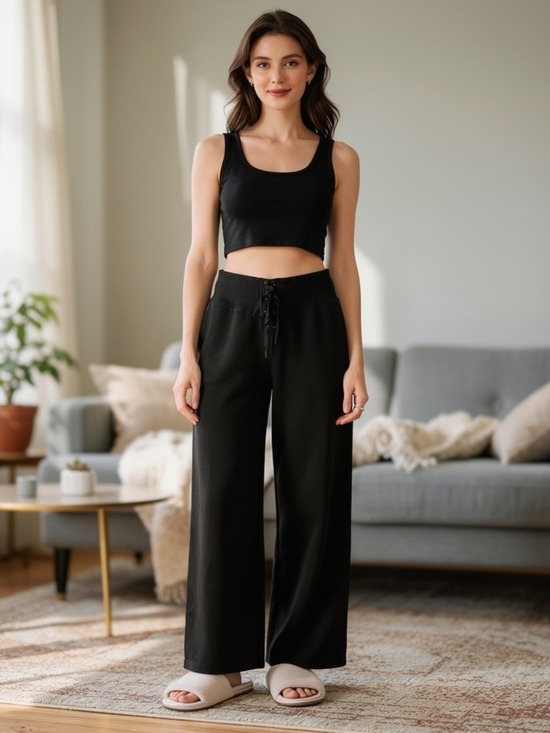 Victoria's Secret Pants - Victoria’s Secret Black Lace Up High Waisted Wide Leg Loungewear Pants Large NWT